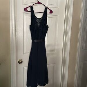 Navy Blue A-Cut sheer waist down Lace overlay waist up Tea Length never worn